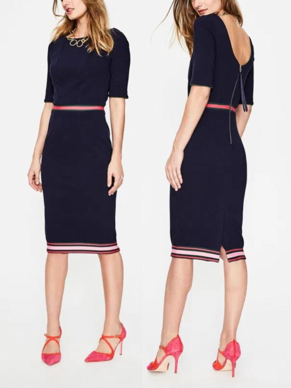 Boden Kaia Ottoman midi dress ribbed blue with pink & green stripe trim US 10R